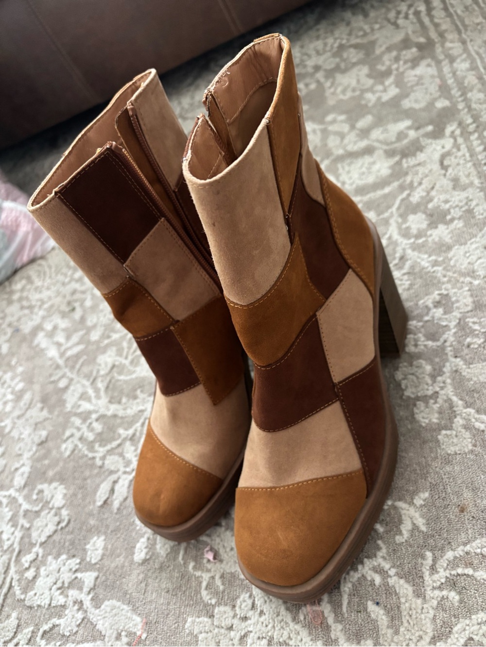 Women’s Patchwork Suede Block Heel Ankle Boots - Brown